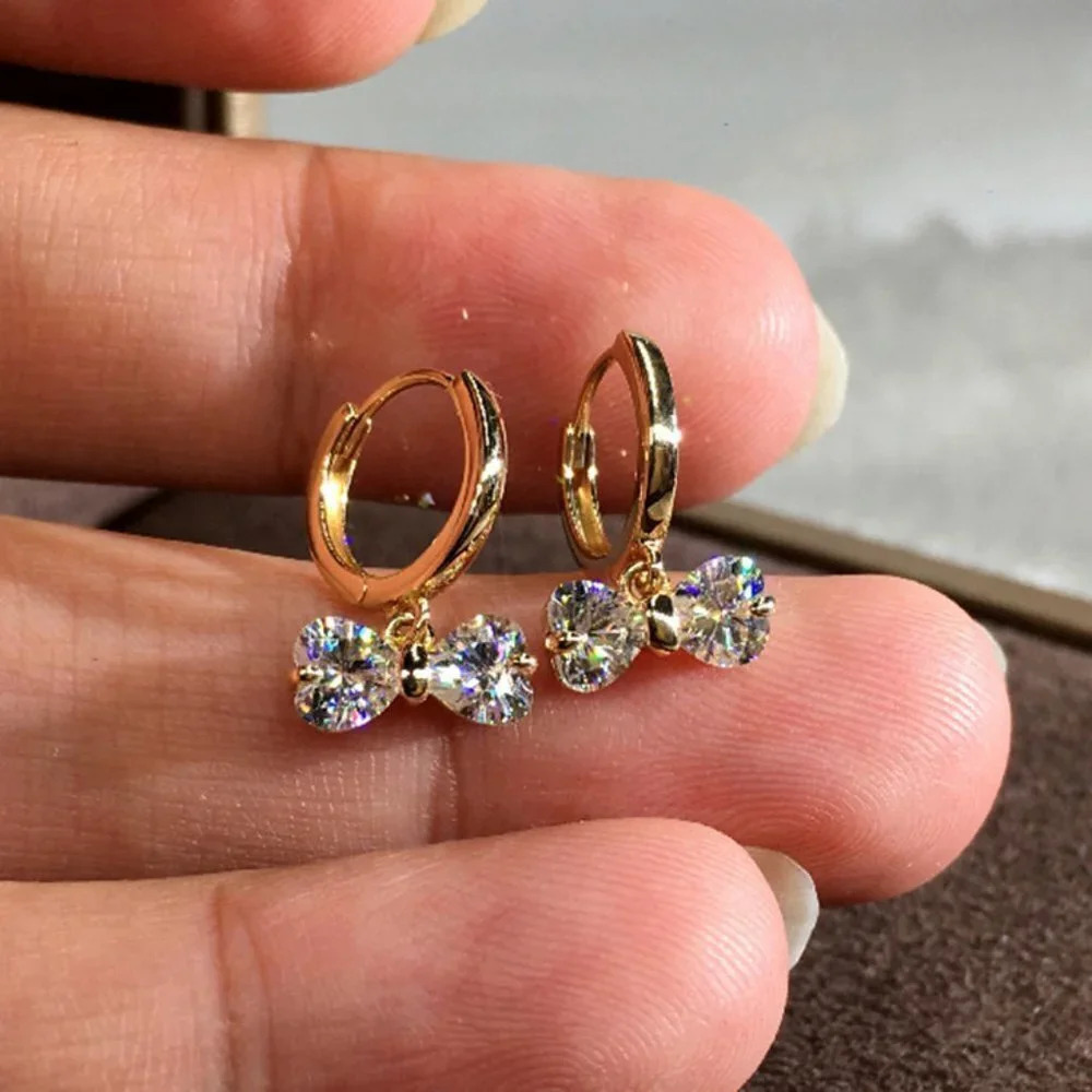 💥18K Gold Hoop Huggies Exquisite Crystal Bowknot Drop Dangle EarringsUNVN12488 - Picture 7 of 7